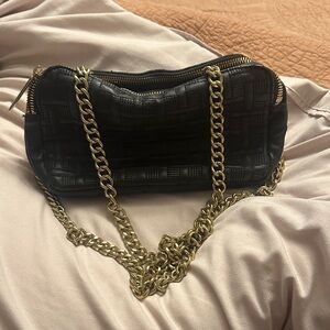 Big Buddha Black Textured Shoulder Bag with Gold Chain